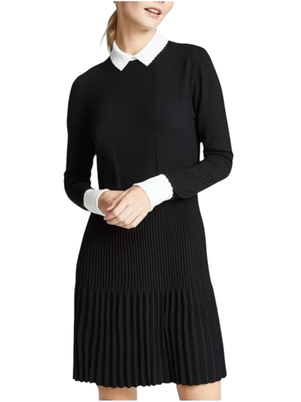 Tory Burch Sabrina Black And White Collared Pleated Sweater Dress
